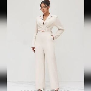 NWT Cider Collar Ruched Knotted Beige Straight Leg Jumpsuit 12